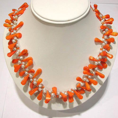 18'' pink coral bead and white pearl necklace