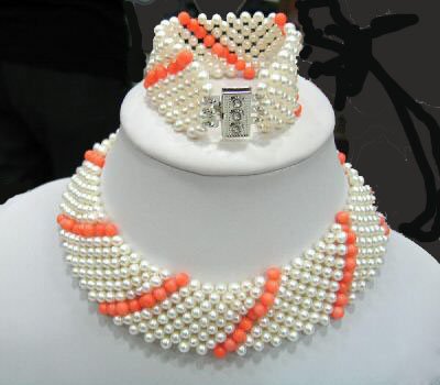 9 strands kint pearl and coral chocker necklace bracelet set