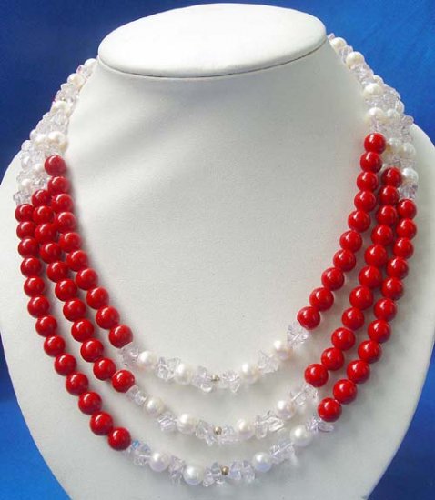 3 strands pearl coral crystal necklace