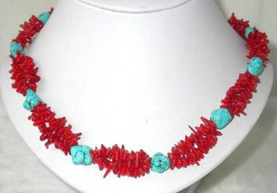 17'' 2row twist coral chips and turquoise bead necklace