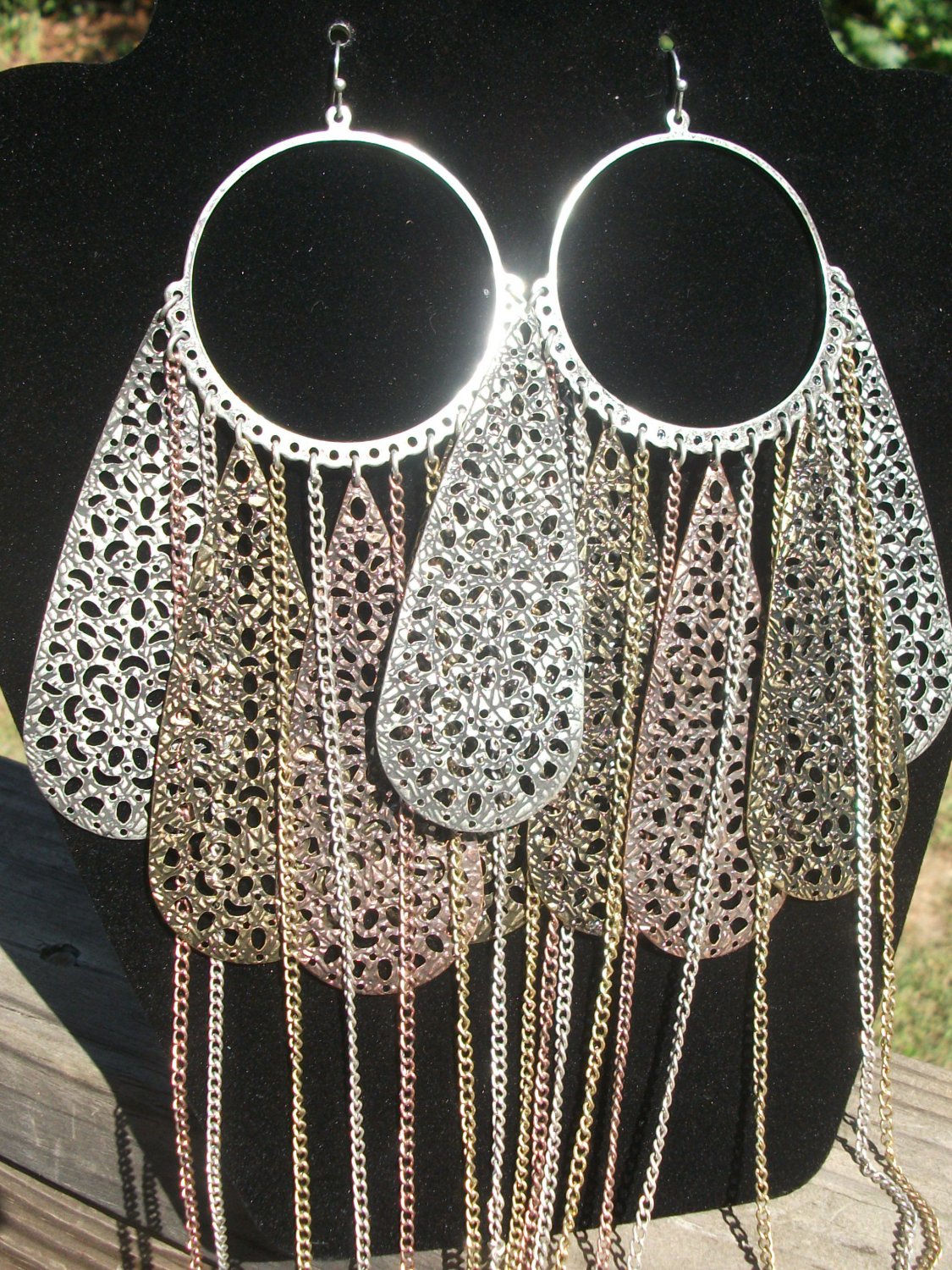 Silver , bronze, gold large dangle earrings