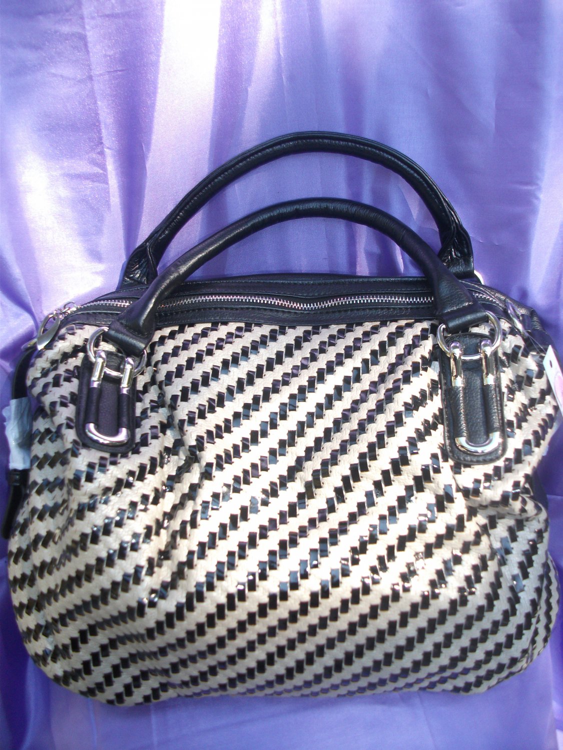 Pewter/black woven handbag