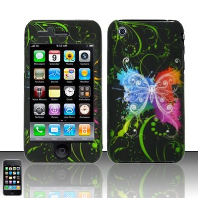 Hard Rubber Feel Design Case for Apple iPhone 3G/3Gs - Rainbow Butterfly