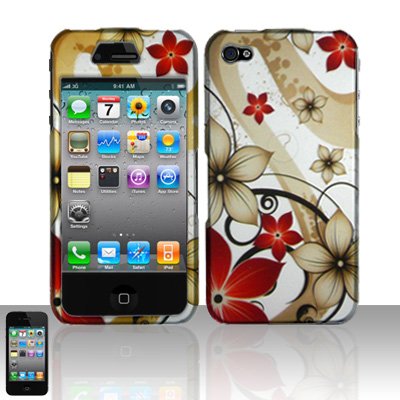 Hard Rubber Feel Design Case for Apple iPhone 4/4S - Red Flowers
