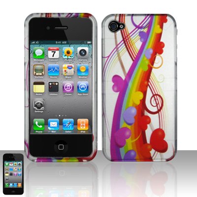 Hard Rubber Feel Design Case for Apple iPhone 4/4S - Rainbow Hearts