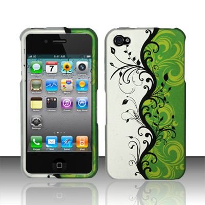 Hard Rubber Feel Design Case for Apple iPhone 4/4S - Green Black Vines