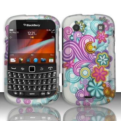 Hard Rubber Feel Design Case for Blackberry Bold Touch 9900/9930 - Purple Blue Flowers