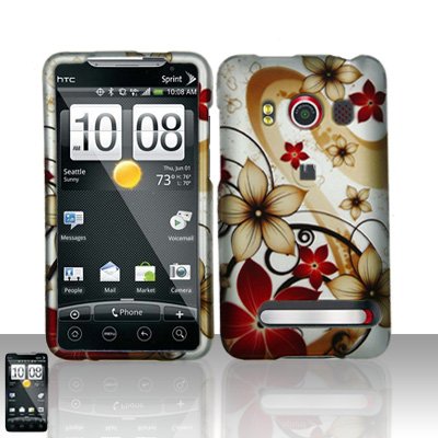 Hard Rubber Feel Design Case for HTC EVO 4G (Sprint) - Red Flowers