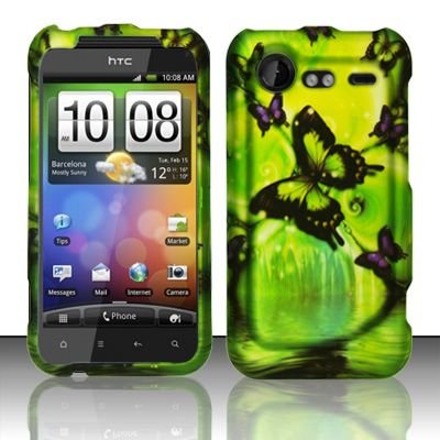 Hard Rubber Feel Design Case for HTC DROID Incredible 2 6350 (Verizon) - Green Butterfly