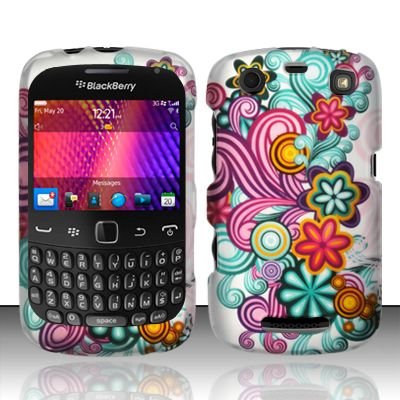 Hard Rubber Feel Design Case for Blackberry Curve 9360/9370 - Purple Blue Flowers