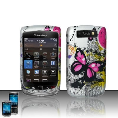 Hard Rubber Feel Design Case for Blackberry Torch 9800 - Silver Butterfly