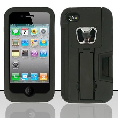 Heavy Duty Armor Case + Bottle Opener/Kickstand/Credit Card Slots for Apple iPhone 4/4S - Black