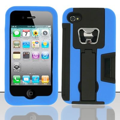 Heavy Duty Armor Case + Bottle Opener/Kickstand/Credit Card Slots for Apple iPhone 4/4S - Blue