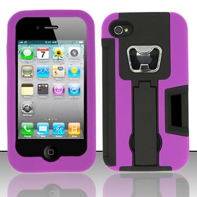 Heavy Duty Armor Case + Bottle Opener/Kickstand/Credit Card Slots for Apple iPhone 4/4S - Purple