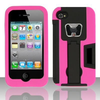 Heavy Duty Armor Case + Bottle Opener/Kickstand/Credit Card Slots for Apple iPhone 4/4S - Pink