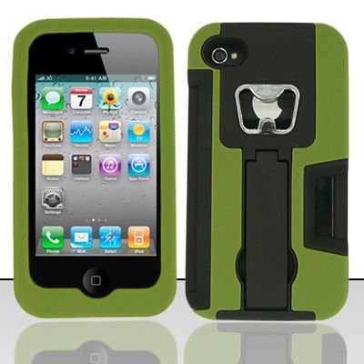 Heavy Duty Armor Case + Bottle Opener/Kickstand/Credit Card Slots for Apple iPhone 4/4S - Green