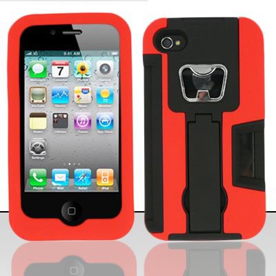 Heavy Duty Armor Case + Bottle Opener/Kickstand/Credit Card Slots for Apple iPhone 4/4S - Red
