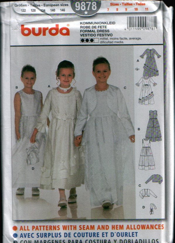 Childern's Formal Dress Pattern Uncut. Sizes: 7, 8, 9, 10, 11 Burda 9878