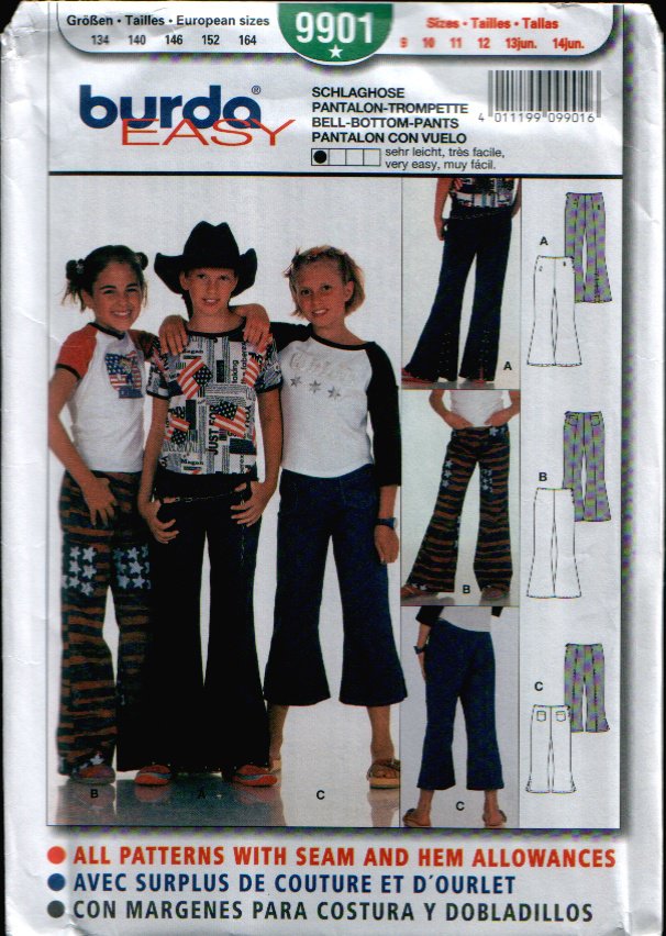 Childern's Bell-Bottom-Pants Pattern Uncut. Sizes: 9, 10, 11, 12, 13jun, 14jun Burda 9901 Burda 9901