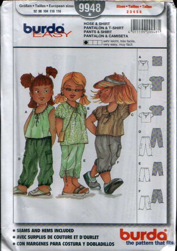 Childern's Pants & Shirt Pattern Uncut. Sizes: 2, 3, 4, 5, 6 Burda 9948