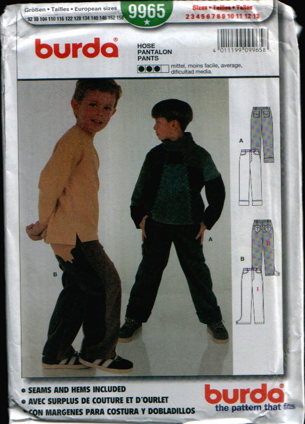 Childern's Pants Uncut. Sizes: 2, 3, 4, 5, 6, 7, 8, 9, 10, 11, 12, 13 Burda 9965