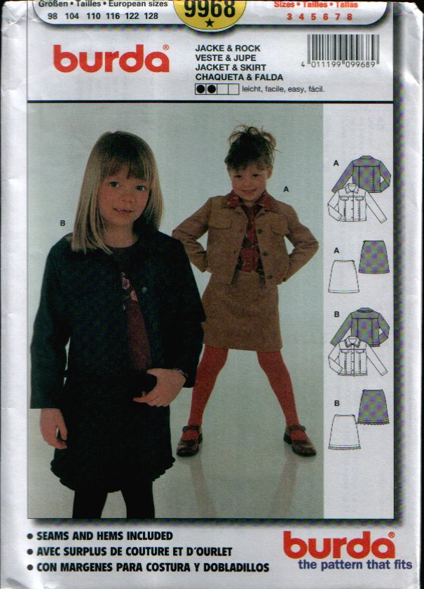 Childern's Jacket + Skirt Pattern Uncut. Sizes: 3, 4, 5, 6, 7, 8 Burda 9969