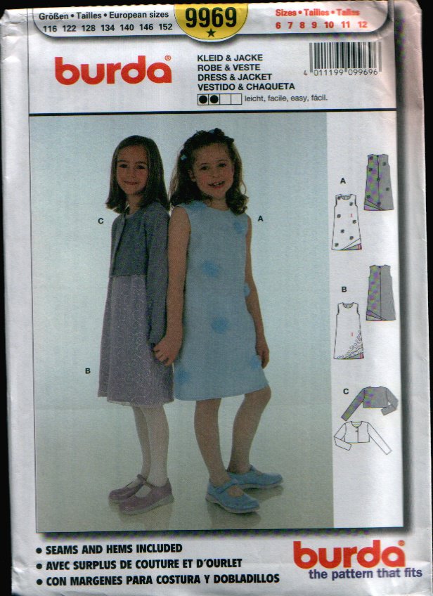 Childern's Dress & Jacket Pattern Uncut. Sizes: 6, 7, 8, 9, 10, 11, 12 Burda 9969