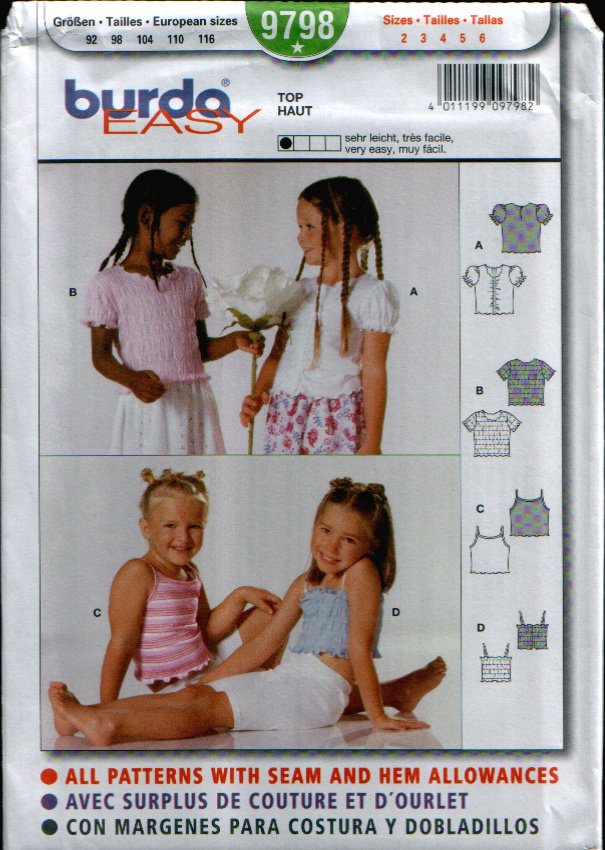 Childern's Top Pattern Uncut. Sizes: 2, 3, 4, 5, 6 Burda 9798