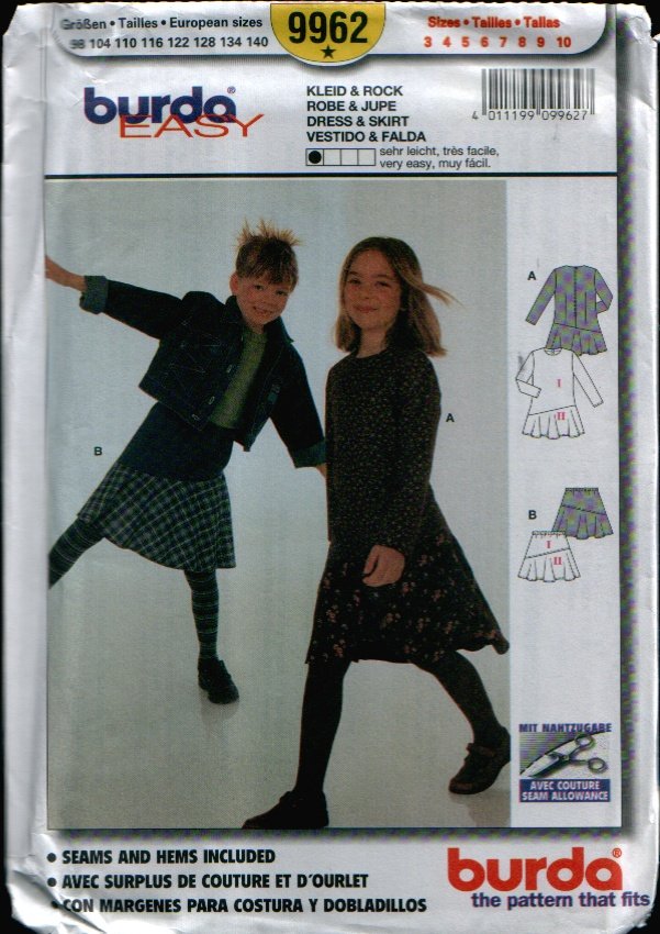 Childern's Dress & Jacket Pattern Uncut. Sizes: 3, 4, 5, 6, 7, 8, 9, 10 Burda 9962