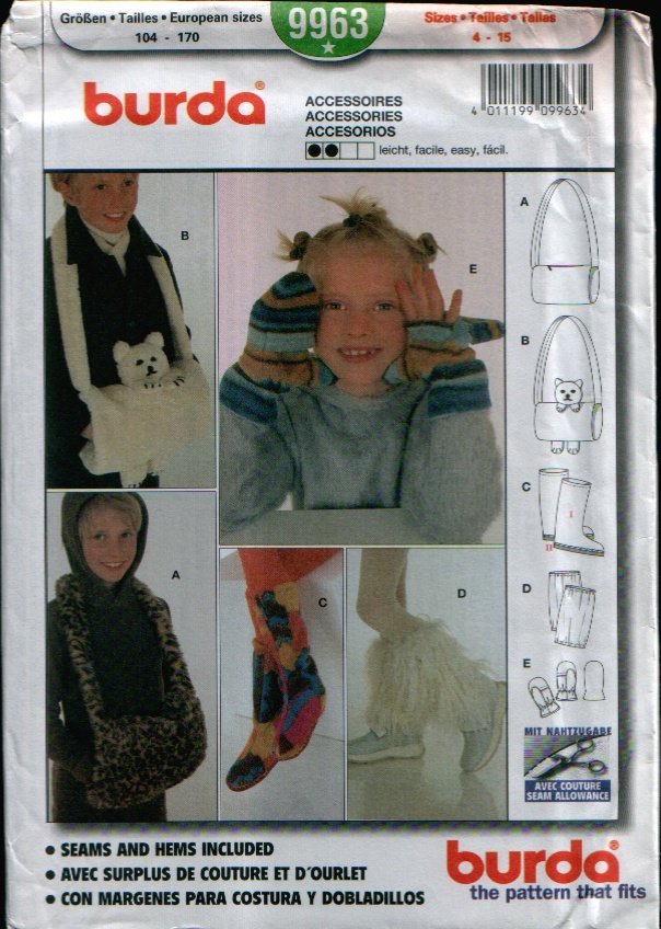 Childern's Accessories Pattern Uncut. Sizes: 4-15 Burda 9963