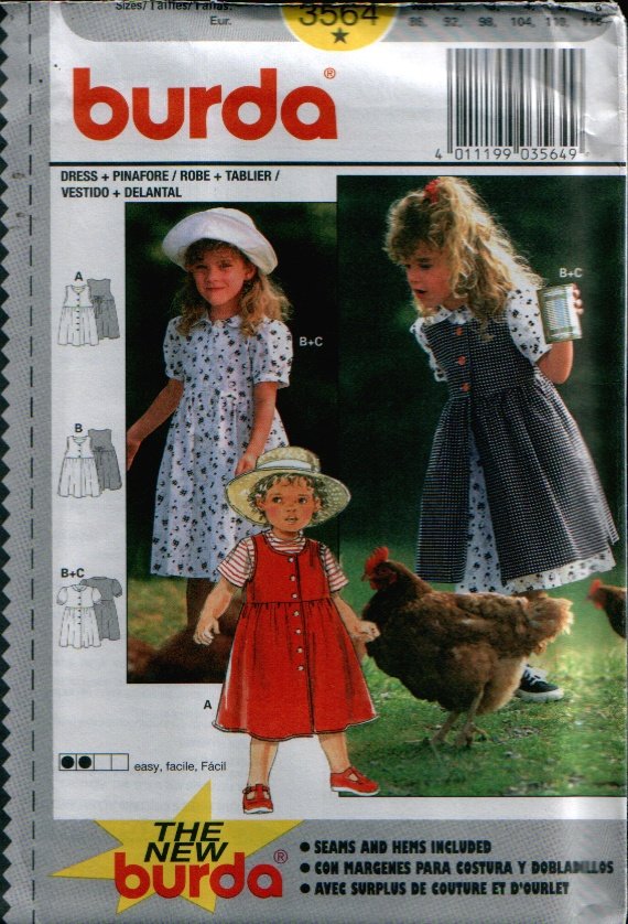 Childern's Dress + Pinafore Pattern Uncut. Sizes: 18M, 2, 3, 4, 5, 6 Burda 3564