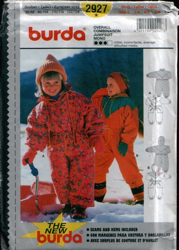 Childern's Snow Suit Pattern Uncut. Sizes: 18M/2, 3/4, 5/6, 7/8 Burda 2927