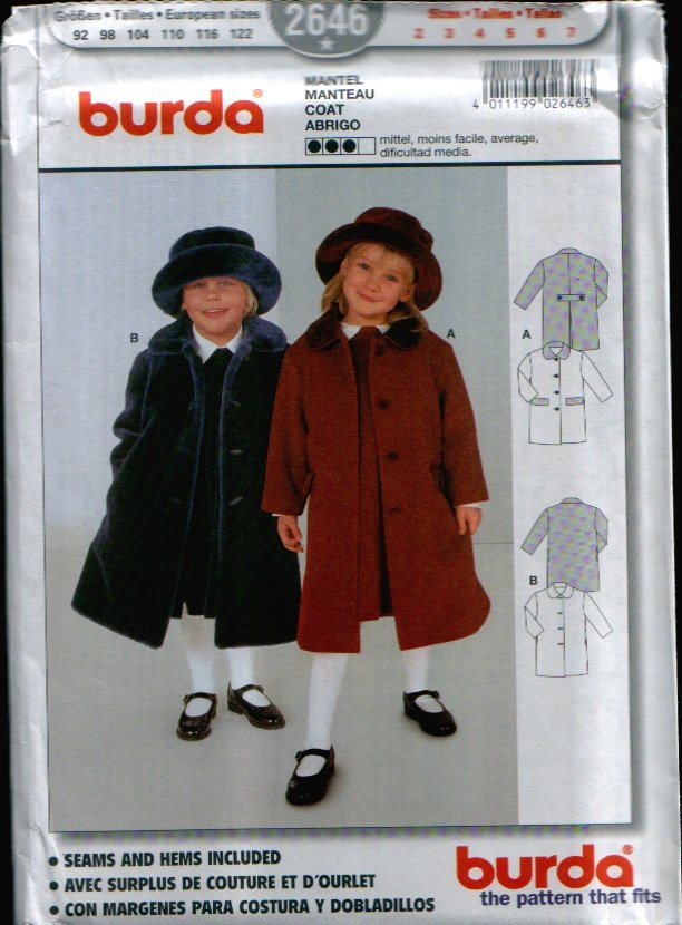 Childern's Coat Pattern Uncut. Sizes: 2, 3, 4, 5, 6, 7 Burda 2646