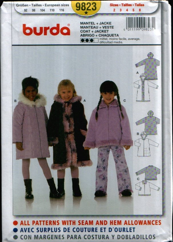 Childern's Coat + Jacket Pattern Uncut. Sizes: 2, 3, 4, 5, 6 Burda 9823