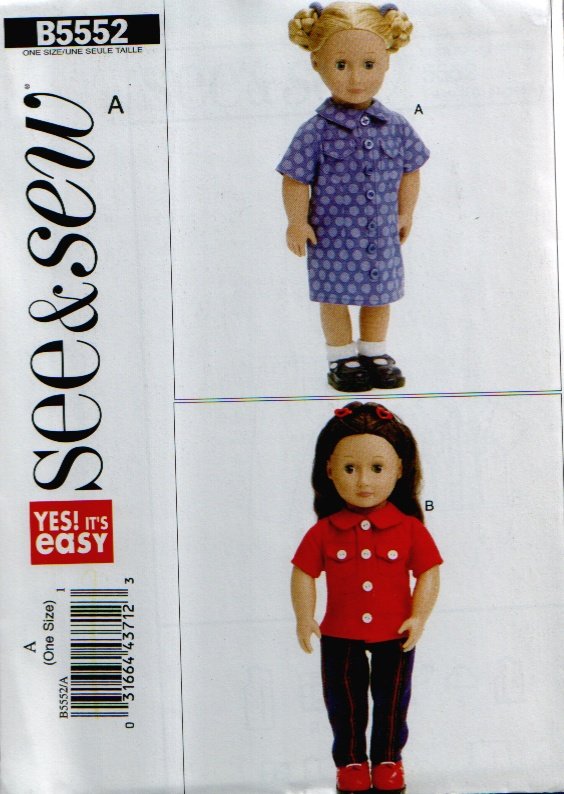 18" Doll Dress & Shirt Clothes Pattern Uncut. See & Sew B5552