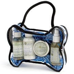 Cain & Able Bone-shaped Vinyl Travel Set Lavender Shampoo, Conditioner, Candle, Spritz