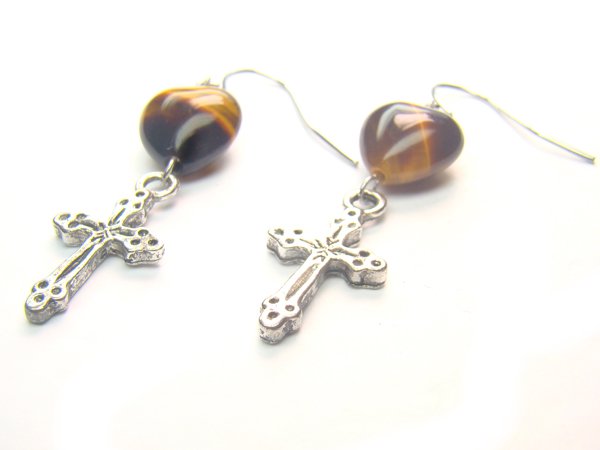 EA1426 Tiger Eye wt Cross Earrings
