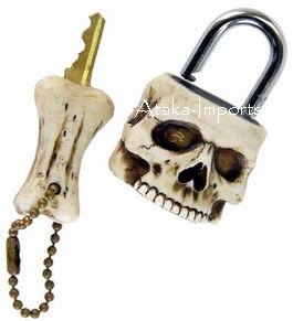 SKULL PADLOCK-LOCK n KEY-BIZARRE -NEAT SKELETONS-NEW (6392)