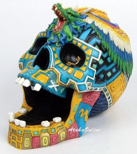 MAYAN SKULL ASHTRAY-MAYAN CULTURE-COLORFUL-HANDPAINTED (6508)