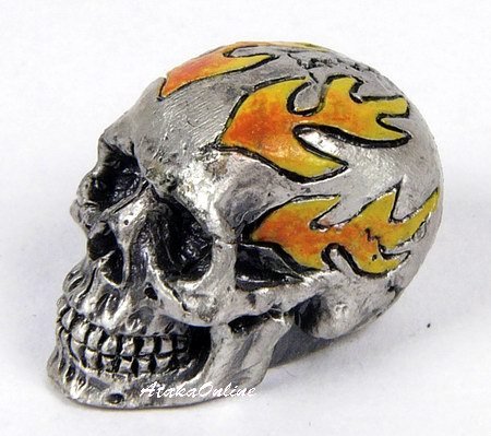 MINI SKULL FIGURINE-FLAME-PEWTER-METALLIC-WOW (6491)