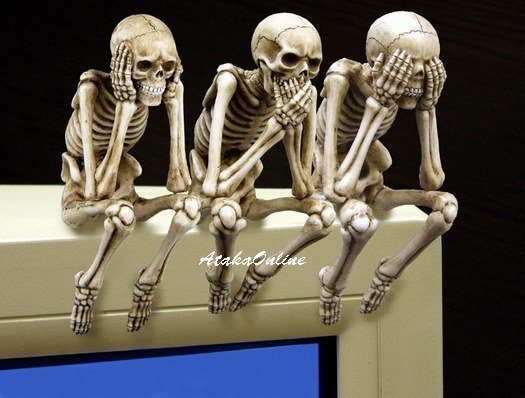 THREE SKELETON PC TOPPER-SEE NO EVIL, HEAR NO EVIL, SPEAK NO EVIL-OFFICE-DESK DECOR (6499)