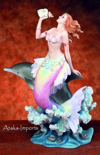MERMAID WITH DOLPHINE-PLAYING-FIGURINE-STATUE (5730)