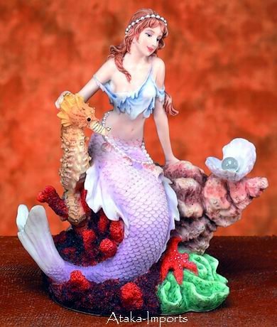 MERMAID WITH SEAHORSE-PLAYING-FIGURINE-STATUE (5726 s)