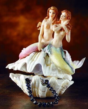 TRINKET BOX W TWO MERMAIDS-SEASHELL-BEAUTIFUL (5858)