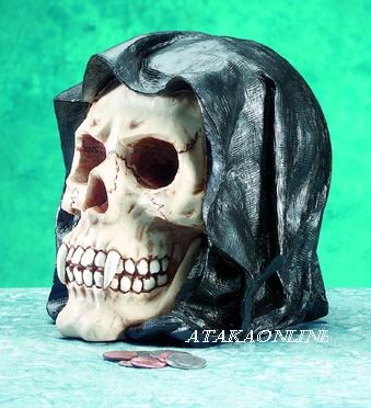 GRIM REAPER MONEY BANK-SKELETON-FIGURINE-STATUE-BIZARRE-HALLOWEEN (5057)