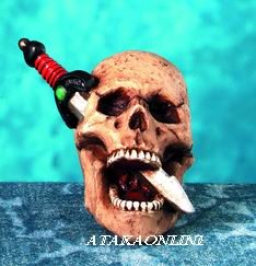SKULL HEAD W PIERCING DAGGER FIGURINE-SKELETON-BIZARRE-HALLOWEEN (4382)