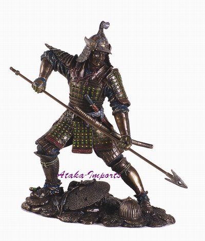 JAPANESE SAMURAI WARRIOR w SPEAR STATUE-BRONZE APPEARANCE (6149)