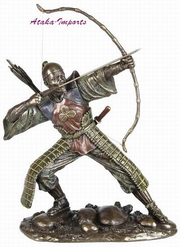 JAPANESE SAMURAI STATUE -KYUJUT -BRONZE APPEARANCE (6372)