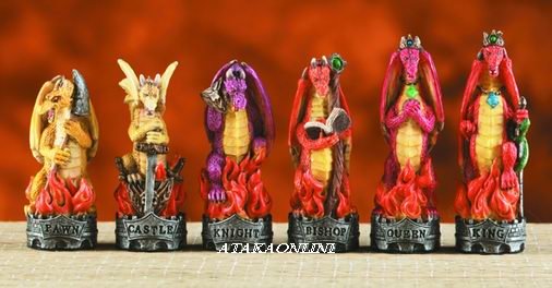 FIERY DRAGON VS. SKELTAL DRAGON CHESS SET-HANDPAINTED-COLORFUL (6059)