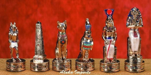 EGYPITAN CHESS SET-PEWTER-HANDPAINTED-ANCIENT (5593s)